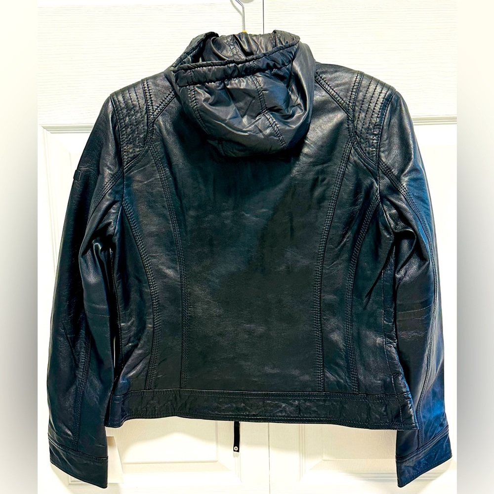 Women Leather jacket with Polyester Padded Inset with Hood. - Picture 3 of 4